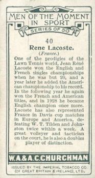 1928 Churchman's Men of the Moment In Sport #40 Rene Lacoste Back