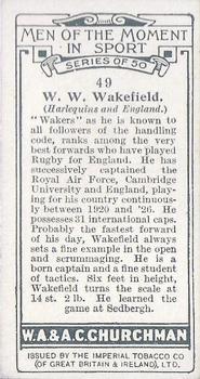 1928 Churchman's Men of the Moment In Sport #49 Wavell Wakefield Back