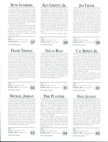 1992 Investor's Journal - Panels #37-45 Ryne Sandberg / Ken Griffey Jr. / Jim Thome / Frank Thomas / Nolan Ryan / Cal Ripken Jr. / Michael Jordan / Phil Plantier / David Justice Back