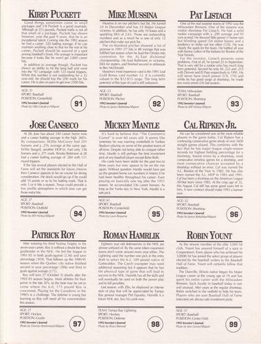 1992 Investor's Journal - Panels #91-99 Kirby Puckett / Mike Mussina / Pat Listach / Jose Canseco / Mickey Mantle / Cal Ripken Jr. / Patrick Roy / Roman Hamrlik / Robin Yount Back