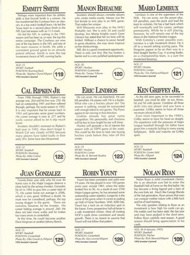 1992 Investor's Journal - Panels #109/119-126 Nolan Ryan / Emmitt Smith / Manon Rheaume / Mario Lemieux / Cal Ripken Jr. / Eric Lindros / Ken Griffey Jr. / Juan Gonzalez / Robin Yount Back