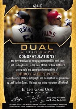 2022 Leaf In The Game Used Sports - In The Game Used Dual Auto Black #GUDA-07 Ichiro / Albert Pujols Back
