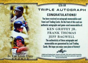 2022 Leaf In The Game Used Sports - In The Game Used Triple Auto Red #GUTA-04 Ken Griffey Jr. / Frank Thomas / Jeff Bagwell Back