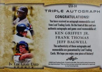 2022 Leaf In The Game Used Sports - In The Game Used Triple Auto Silver #GUTA-04 Ken Griffey Jr. / Frank Thomas / Jeff Bagwell Back