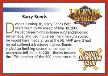 2001 Legends Sports Memorabilia #NNO Barry Bonds Back