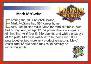 2001 Legends Sports Memorabilia #NNO Mark McGwire Back