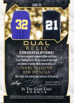 2022 Leaf In The Game Used Sports - Game Used Dual Memorabilia Pattern Silver #GDM-10 Karl Malone / Tim Duncan Back
