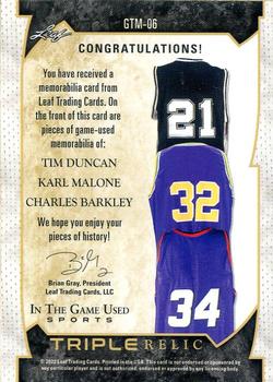 2022 Leaf In The Game Used Sports - Game Used Triple Memorabilia Pattern Silver #GTM-06 Tim Duncan / Karl Malone / Charles Barkley Back