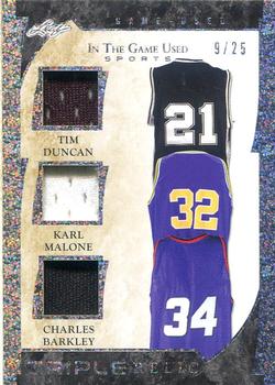 2022 Leaf In The Game Used Sports - Game Used Triple Memorabilia Pattern Silver #GTM-06 Tim Duncan / Karl Malone / Charles Barkley Front