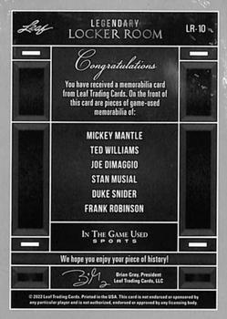 2022 Leaf In The Game Used Sports - Legendary Locker Room Silver #LR-10 Mickey Mantle / Ted Williams / Joe DiMaggio / Stan Musial / Duke Snider / Frank Robinson Back