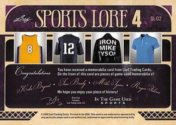 2022 Leaf In The Game Used Sports - Sports Lore 4 Pattern Silver #SL-02 Kobe Bryant / Tom Brady / Mike Tyson / Roger Federer Back
