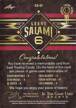2022 Leaf In The Game Used Sports - The Grand Salami Six Purple #GS-07 Edgar Martinez / Fred McGriff / Stan Musial / Edgar Renteria / Al Rosen / Ted Simmons Back