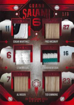 2022 Leaf In The Game Used Sports - The Grand Salami Six Red #GS-07 Edgar Martinez / Fred McGriff / Stan Musial / Edgar Renteria / Al Rosen / Ted Simmons Front