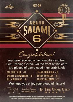 2022 Leaf In The Game Used Sports - The Grand Salami Six Red #GS-09 Cal Ripken Jr. / Frank Robinson / Darryl Strawberry / Bobby Thomson / Billy Williams / Roberto Alomar Back