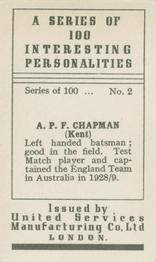 1935 United Services Interesting Personalities #2 A.P.F. Chapman Back