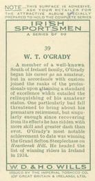 1936 Wills’s Irish Sportsmen #39 W.T. O’Grady Back
