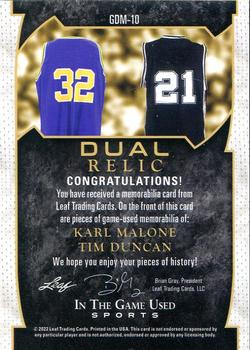 2022 Leaf In The Game Used Sports - Game Used Dual Memorabilia Red Pattern #GDM-10 Karl Malone / Tim Duncan Back