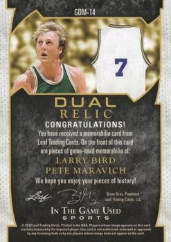 2022 Leaf In The Game Used Sports - Game Used Dual Memorabilia Red Pattern #GDM-14 Larry Bird / Pete Maravich Back
