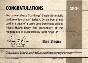 2007 Sportkings Series A - Single Memorabilia Gold #SM-34 Dominique Wilkins Back