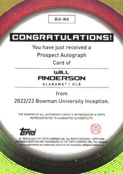 2022-23 Bowman University Inception - Base Autographs #BIA-WA Will Anderson Back