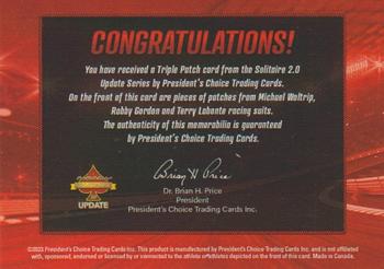 2023 President's Choice Solitaire 2.0 Update - NASCAR Triple Patch - Red #NNO Michael Waltrip / Robby Gordon / Terry Labonte Back