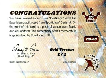 2007 Sportkings Series A - Fall Expo Memorabilia Gold #FE-06 Mario Andretti Back