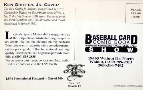 1992-93 Legends Sports Memorabilia Archives Postcards - Baseball Card Comic Book Show (Walnut, CA) #13 Ken Griffey Jr. Back