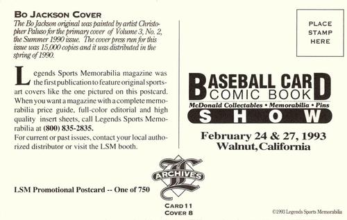 1992-93 Legends Sports Memorabilia Archives Postcards - Baseball Card Comic Book Show (Walnut, CA) #11 Bo Jackson Back