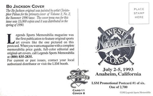 1992-93 Legends Sports Memorabilia Archives Postcards - West Coast National (Anaheim, CA) #11 Bo Jackson Back