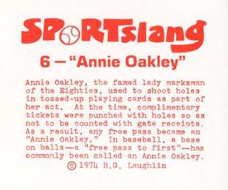 1974 Laughlin Sportslang #6 Annie Oakley Back