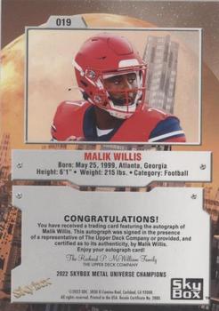 2022 SkyBox Metal Universe Champions - Base Autographs #19 Malik Willis Back