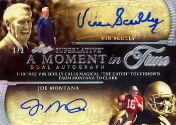 2023 Leaf Superlative Sports - A Moment in Time Silver Spectrum Holofoil #AMT-9 Vin Scully / Joe Montana Front
