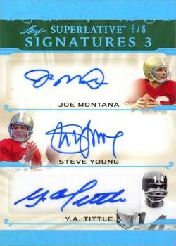 2023 Leaf Superlative Sports - Signature 3 Platinum Spectrum Holofoil #S3-5 Joe Montana / Steve Young / Y.A. Tittle Front