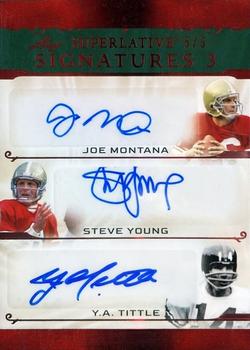 2023 Leaf Superlative Sports - Signature 3 Red Spectrum Holofoil #S3-5 Joe Montana / Steve Young / Y.A. Tittle Front