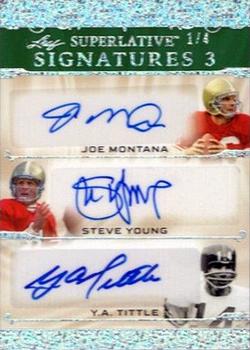 2023 Leaf Superlative Sports - Signature 3 Silver Sparkle Spectrum Holofoil #S3-5 Joe Montana / Steve Young / Y.A. Tittle Front