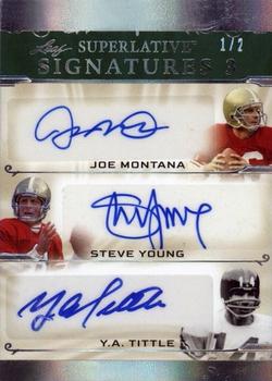 2023 Leaf Superlative Sports - Signature 3 Silver Spectrum Holofoil #S3-5 Joe Montana / Steve Young / Y.A. Tittle Front
