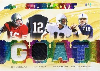 2023 Leaf Superlative Sports - The Goats Purple Spectrum Holofoil #TG-8 Joe Montana / Tom Brady / Dan Marino / Peyton Manning Front