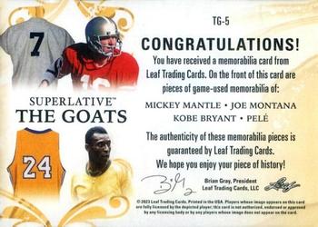 2023 Leaf Superlative Sports - The Goats Silver Spectrum Holofoil #TG-5 Mickey Mantle / Joe Montana / Kobe Bryant / Pelé Back