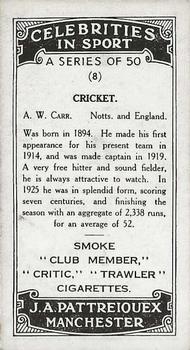 1930 J.A. Pattreiouex Celebrities In Sport #8 A. W. Carr Back