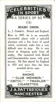 1930 J.A. Pattreiouex Celebrities In Sport #13 L. J. Corbett Back