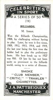 1930 J.A. Pattreiouex Celebrities In Sport #19 M. Inman Back