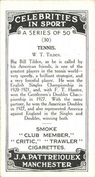 1930 J.A. Pattreiouex Celebrities In Sport #30 W. T. Tilden Back