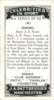 1930 J.A. Pattreiouex Celebrities In Sport #48 Major A. D. Pearce Back