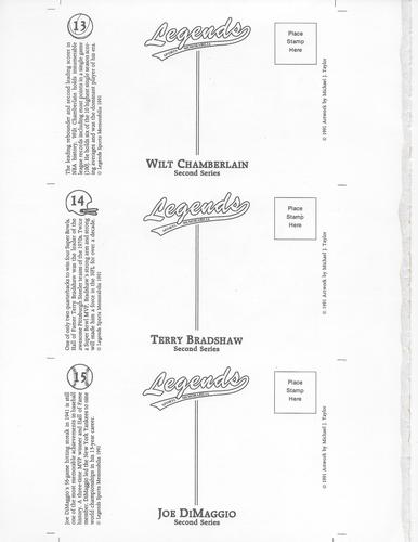 1991 Legends Sports Memorabilia Postcards Second Series - Panels #13-15 Wilt Chamberlain / Terry Bradshaw / Joe DiMaggio Back