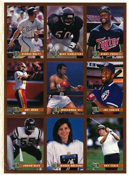 1993 Legends Sports Memorabilia - 9-Card Panels Bronze #19-27 Kirby Puckett / Mike Singletary / George Brett / Joe Carter / Muhammad Ali / Art Monk / Ray Floyd / Manon Rheaume / Junior Seau Front