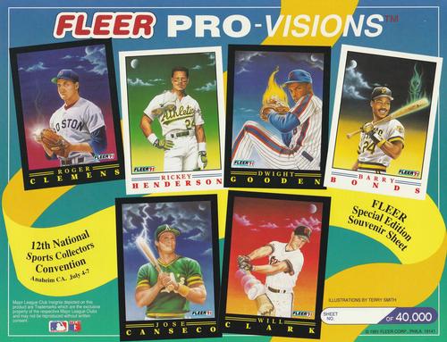 1991 Fleer Pro-Visions Special Edition Souvenir Sheet #NNO Roger Clemens / Rickey Henderson / Dwight Gooden / Barry Bonds / Jose Canseco / Will Clark / Mike Singletary / Barry Sanders / Dan Marino / Lawrence Taylor / Derrick Thomas / Howie Long Front