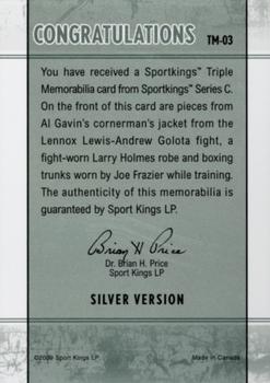 2009 Sportkings Series C - Triple Memorabilia Silver #TM-03 Lennox Lewis / Larry Holmes / Joe Frazier Back