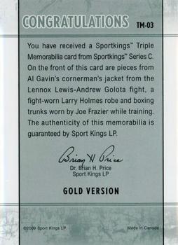 2009 Sportkings Series C - Triple Memorabilia Gold #TM-03 Lennox Lewis / Larry Holmes / Joe Frazier Back