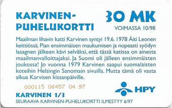 1995-01 HPY Phonecards (Finnish) #HPY-E70 Garfield 1 (2nd Issue) Back