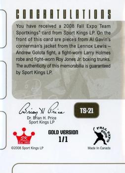 2008 Sportkings Series B - Fall Expo Team Memorabilia Gold #TS-21 Lennox Lewis / Larry Holmes / Roy Jones Jr. Back